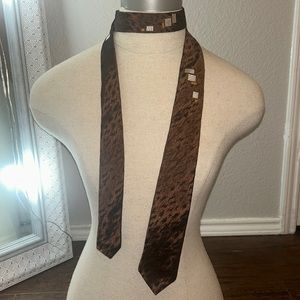 Dark Brown Silk Tie With Orange and White Design